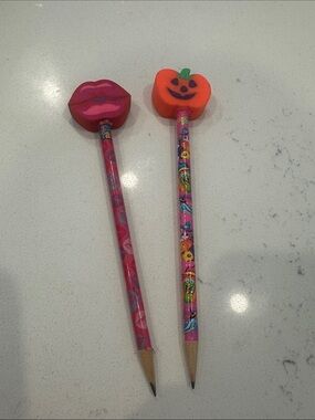 Lisa Frank Pink Pencils with Lip and Orange Pumpkin Erasers